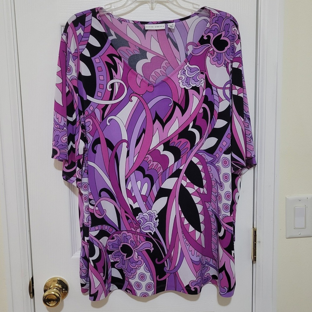 Susan Graver Liquid Knit V-Neck Top Purple Black Abstract Floral Tunic 2X